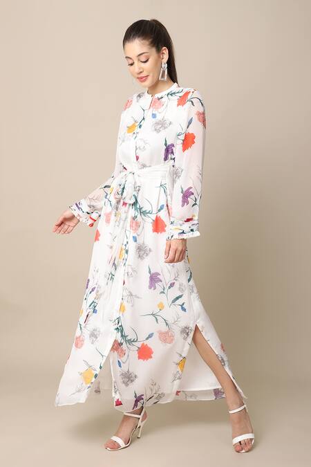 Ewoke_White Chiffon Bandeau Neck Carmen Floral Print Shirt Dress _at_Aza_Fashions