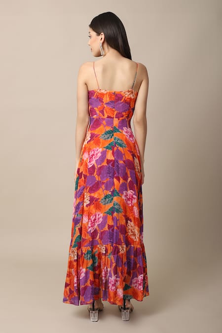 Shop_Ewoke_Orange Crepe Mirrors, Embroidery Square Neck Flower Print Asymmetric Dress _at_Aza_Fashions