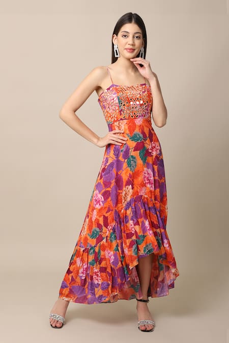 Ewoke_Orange Crepe Mirrors, Embroidery Square Neck Flower Print Asymmetric Dress _Online_at_Aza_Fashions
