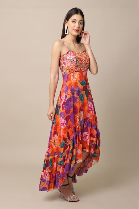 Buy_Ewoke_Orange Crepe Mirrors, Embroidery Square Neck Flower Print Asymmetric Dress _Online_at_Aza_Fashions