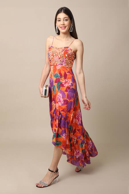 Shop_Ewoke_Orange Crepe Mirrors, Embroidery Square Neck Flower Print Asymmetric Dress _Online_at_Aza_Fashions