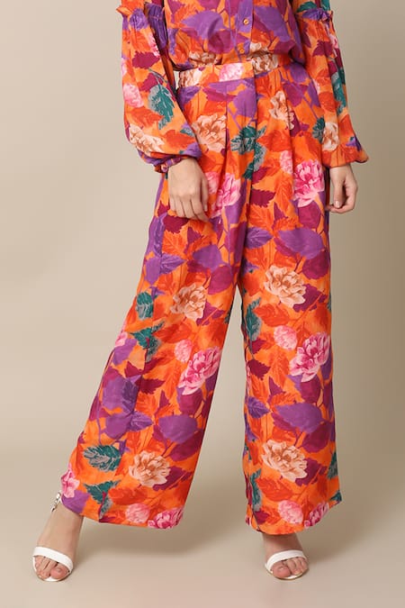 Buy_Ewoke_Orange Crepe Bandeau Neck Flower Print Shirt With Pant _Online_at_Aza_Fashions