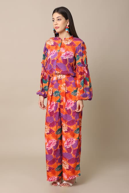 Shop_Ewoke_Orange Crepe Bandeau Neck Flower Print Shirt With Pant _Online_at_Aza_Fashions