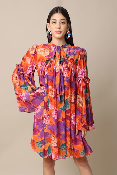 Ewoke_Orange Crepe Bloom Flower Print Dress _Online_at_Aza_Fashions