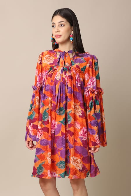 Buy_Ewoke_Orange Crepe Bloom Flower Print Dress _Online_at_Aza_Fashions