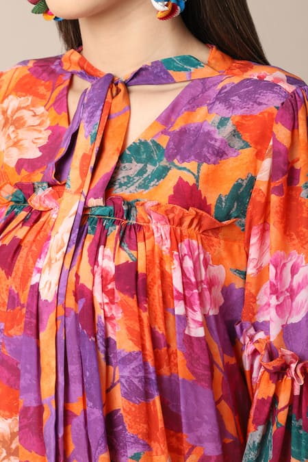 Ewoke_Orange Crepe Bloom Flower Print Dress _at_Aza_Fashions