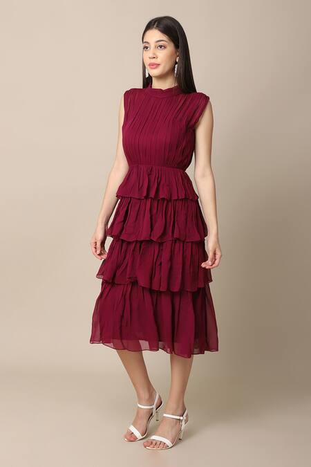 Ewoke_Wine Georgette Embroidery High Neck Asymmetric Tiered Dress _Online_at_Aza_Fashions