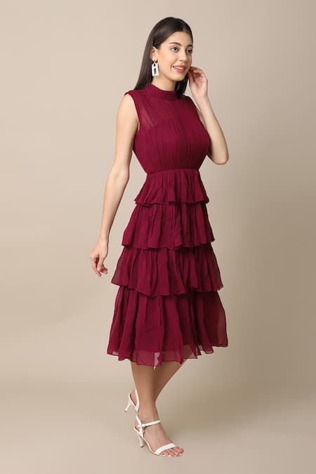 Buy_Ewoke_Wine Georgette Embroidery High Neck Asymmetric Tiered Dress _Online_at_Aza_Fashions