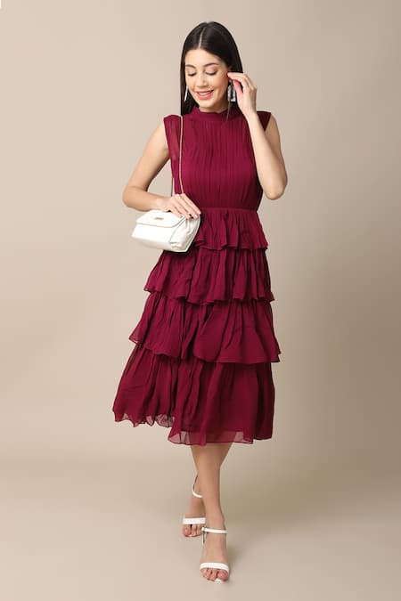 Shop_Ewoke_Wine Georgette Embroidery High Neck Asymmetric Tiered Dress _Online_at_Aza_Fashions