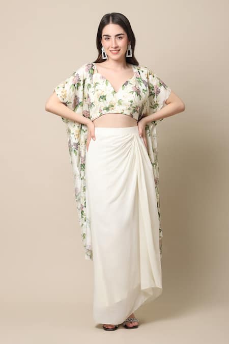 EWOKE Draped Dhoti Skirt Set With Floral Print Jacket 