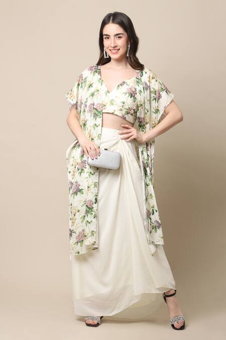 Ewoke_Ivory Crepe, Tencel Embroidery Draped Dhoti Skirt Set With Floral Print Jacket _Online_at_Aza_Fashions