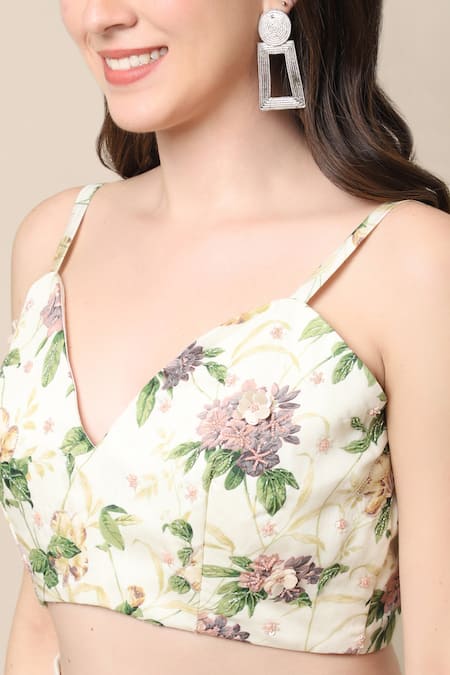 Buy_Ewoke_Ivory Crepe, Tencel Embroidery Draped Dhoti Skirt Set With Floral Print Jacket _Online_at_Aza_Fashions