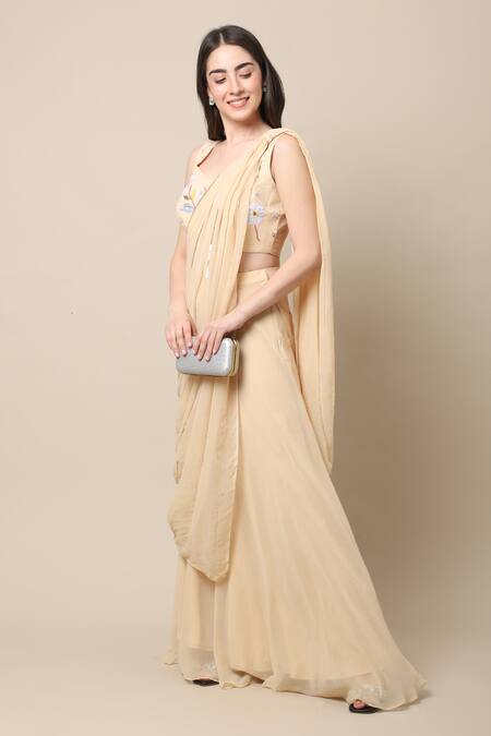Buy_Ewoke_Beige Georgette Sequins, Beads Asymmetric Hand Embellished Blouse With Palazzo _Online_at_Aza_Fashions