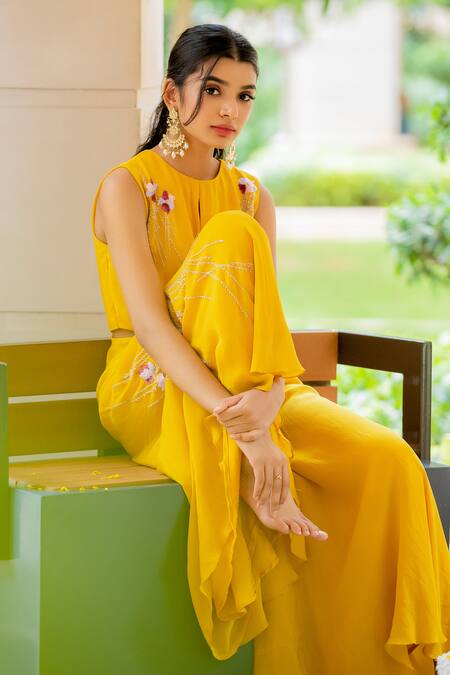 Buy_Ewoke_Yellow Crepe Embroidery Round Neck Floral Jumpsuit _Online_at_Aza_Fashions