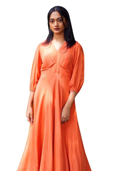 Ewoke_Orange Crepe V-neck Flared Long Dress _Online_at_Aza_Fashions