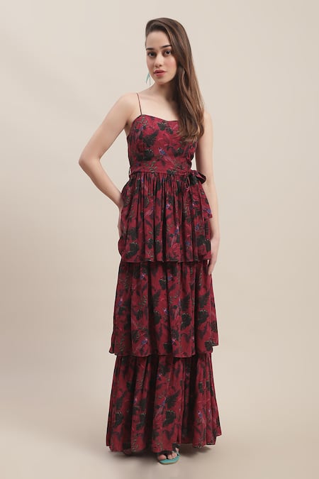Ewoke_Red Crepe Asymmetric Jacqueline Jungle Print Tiered Dress _Online_at_Aza_Fashions