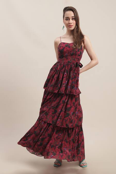 Buy_Ewoke_Red Crepe Asymmetric Jacqueline Jungle Print Tiered Dress _Online_at_Aza_Fashions