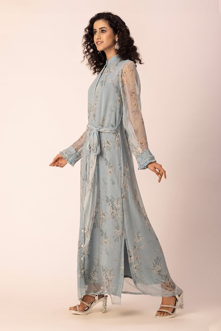 Ewoke Grey Chiffon Bandeau Neck Floral Print Shirt Dress Online at Aza Fashions Ewoke_Grey Chiffon Bandeau Neck Floral Print Shirt Dress _Online_at_Aza_Fashions