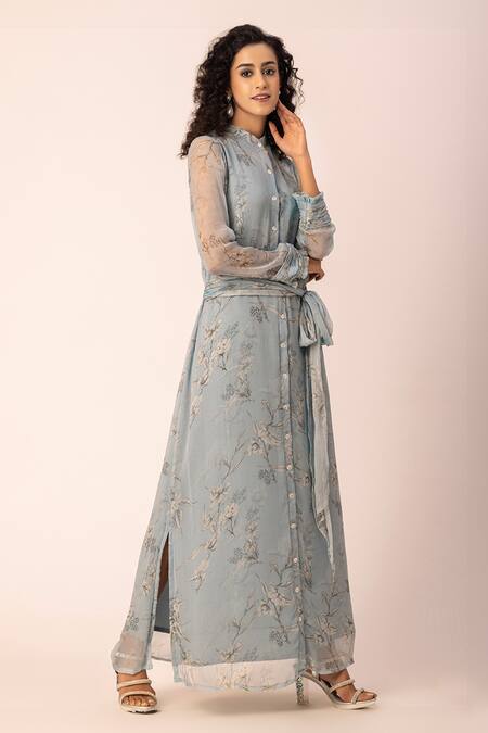 Buy Ewoke Grey Chiffon Bandeau Neck Floral Print Shirt Dress Online at Aza Fashions Buy_Ewoke_Grey Chiffon Bandeau Neck Floral Print Shirt Dress _Online_at_Aza_Fashions