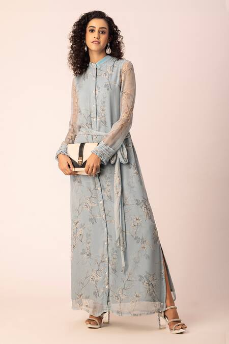 Ewoke Grey Chiffon Bandeau Neck Floral Print Shirt Dress at Aza Fashions Ewoke_Grey Chiffon Bandeau Neck Floral Print Shirt Dress _at_Aza_Fashions