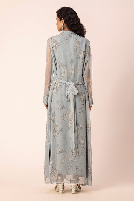 Shop Ewoke Grey Chiffon Bandeau Neck Floral Print Shirt Dress at Aza Fashions Shop_Ewoke_Grey Chiffon Bandeau Neck Floral Print Shirt Dress _at_Aza_Fashions