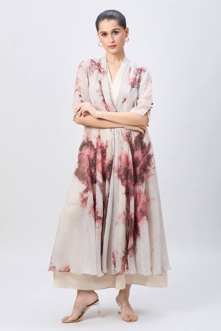 Whimsical By Shica_Beige Organza Beads V-neck Flared Printed Jacket Dress With Inner_Online_at_Aza_Fashions