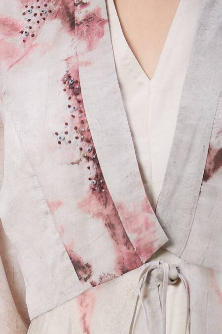 Buy_Whimsical By Shica_Beige Organza Beads V-neck Flared Printed Jacket Dress With Inner_Online_at_Aza_Fashions