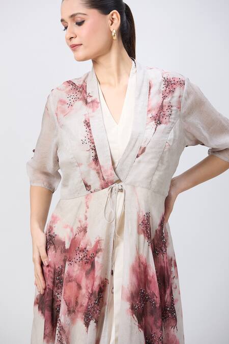 Shop_Whimsical By Shica_Beige Organza Beads V-neck Flared Printed Jacket Dress With Inner_Online_at_Aza_Fashions