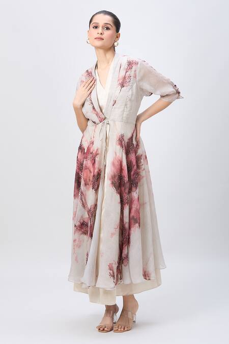 Whimsical By Shica_Beige Organza Beads V-neck Flared Printed Jacket Dress With Inner_at_Aza_Fashions