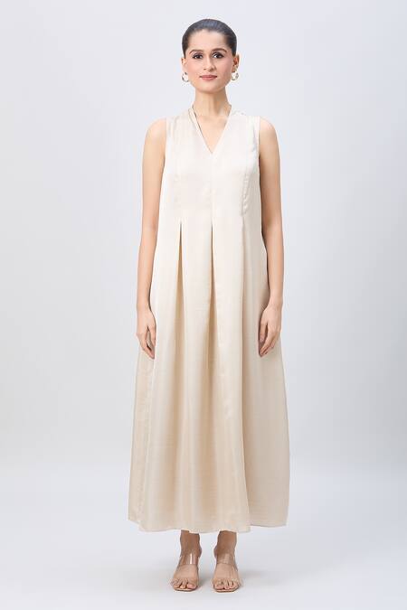 Buy_Whimsical By Shica_Beige Organza Beads V-neck Flared Printed Jacket Dress With Inner