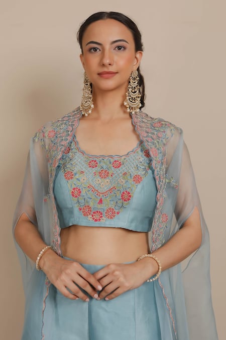 Buy_Nemaani_Blue Silk, Chanderi Silk, Cotton, Organza Embroidery Dori Cape And Sharara Set _Online_at_Aza_Fashions
