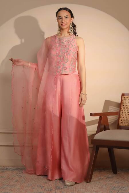Nemaani_Pink Organza, Chanderi Silk, Cotton Embroidery Floral Corset Sharara Set _Online_at_Aza_Fashions