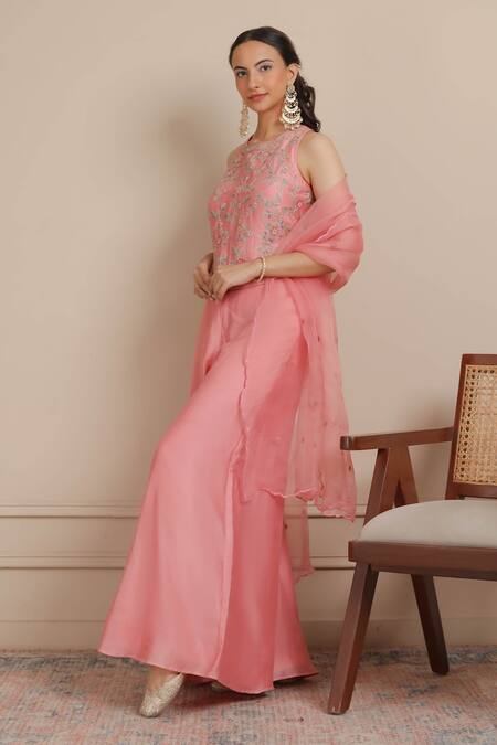 Shop_Nemaani_Pink Organza, Chanderi Silk, Cotton Embroidery Floral Corset Sharara Set _Online_at_Aza_Fashions