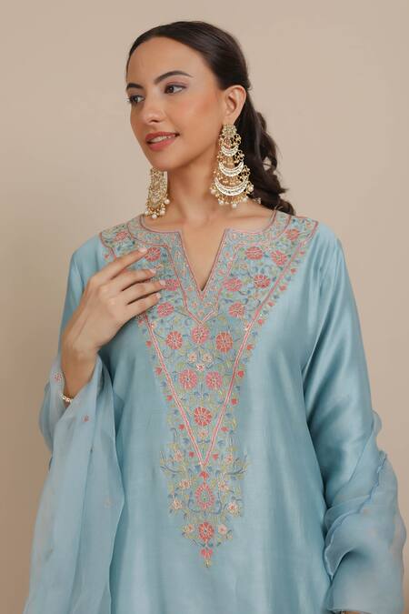 Shop_Nemaani_Blue Chanderi Silk, Modal, Organza Embroidery V-neck Dori Kurta Salwar Set _Online_at_Aza_Fashions
