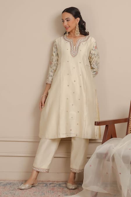 Nemaani_Ivory Chanderi Silk, Organza Embroidery Floral A-line Kurta Pant Set _Online_at_Aza_Fashions