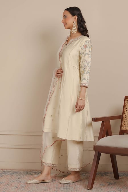 Buy_Nemaani_Ivory Chanderi Silk, Organza Embroidery Floral A-line Kurta Pant Set _Online_at_Aza_Fashions
