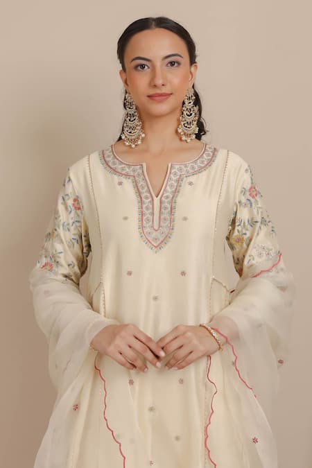 Shop_Nemaani_Ivory Chanderi Silk, Organza Embroidery Floral A-line Kurta Pant Set _Online_at_Aza_Fashions