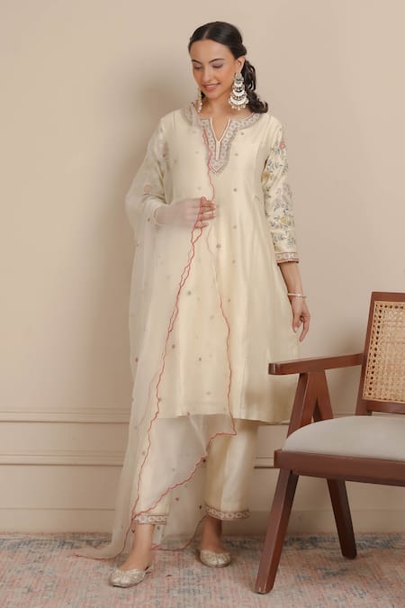 Nemaani Floral Embroidered A-Line Kurta Pant Set 