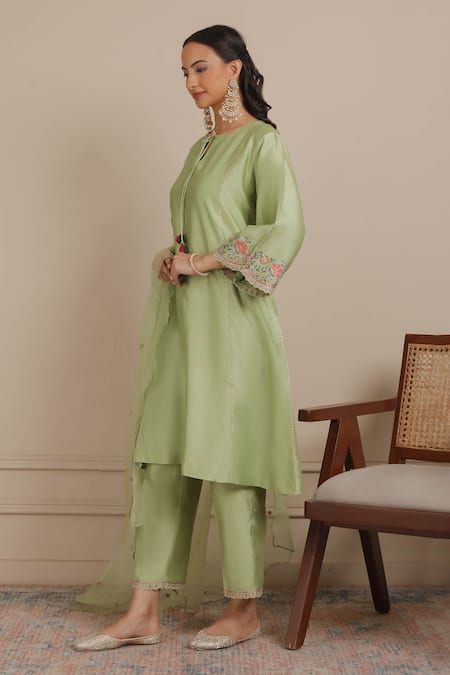 Shop_Nemaani_Green Chanderi Silk, Organza, Cotton Dori Floral A-line Kurta Pant Set _Online_at_Aza_Fashions