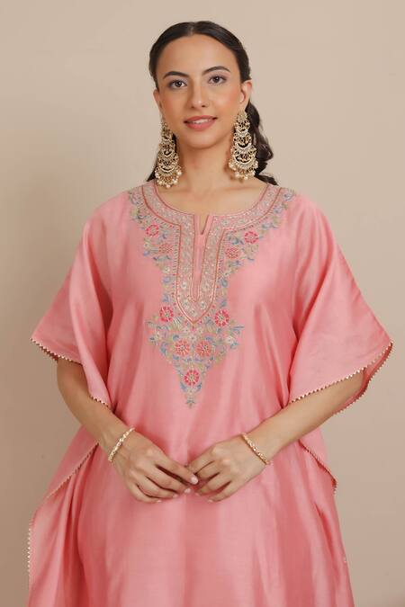 Buy_Nemaani_Pink Chanderi Silk, Cotton Embroidery Split V-neck Dori Floral Kaftan With Pant _Online_at_Aza_Fashions