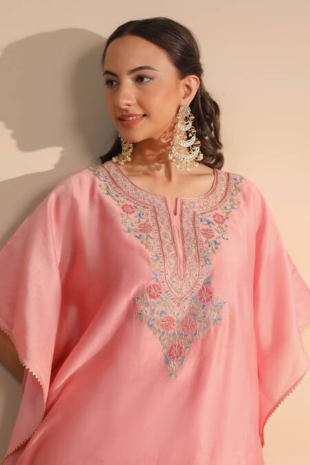 Shop_Nemaani_Pink Chanderi Silk, Cotton Embroidery Split V-neck Dori Floral Kaftan With Pant _Online_at_Aza_Fashions