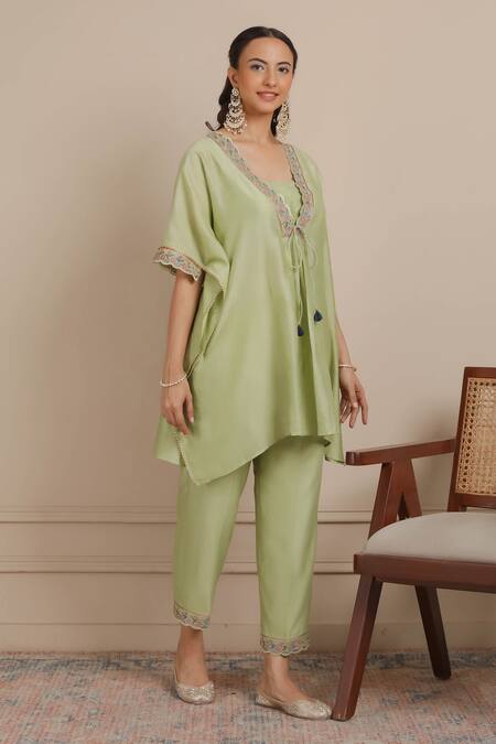 Shop Nemaani Green Chanderi Silk, Cotton Embroidery V-neck Floral Kaftan With Pant Online at Aza Fashions Shop_Nemaani_Green Chanderi Silk, Cotton Embroidery V-neck Floral Kaftan With Pant _Online_at_Aza_Fashions