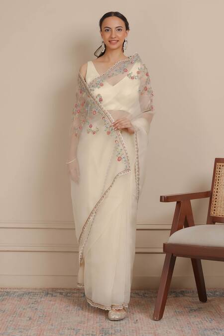Nemaani Ivory Organza, Silk, Cotton Embroidery V-neck Dori Saree Set Online at Aza Fashions Nemaani_Ivory Organza, Silk, Cotton Embroidery V-neck Dori Saree Set _Online_at_Aza_Fashions
