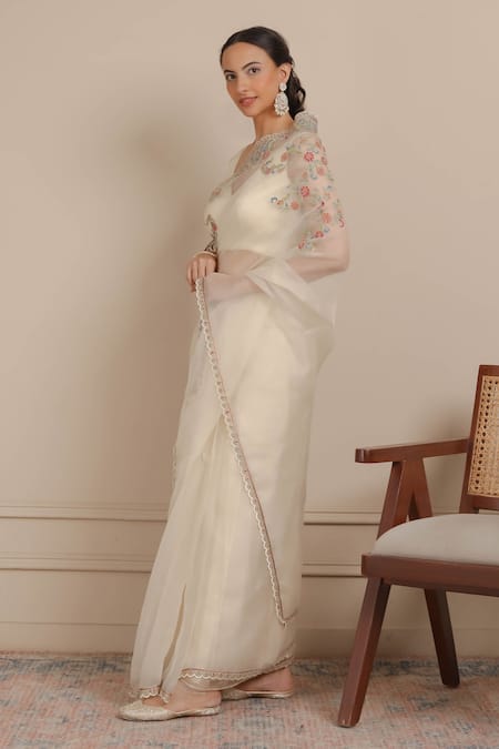 Buy Nemaani Ivory Organza, Silk, Cotton Embroidery V-neck Dori Saree Set Online at Aza Fashions Buy_Nemaani_Ivory Organza, Silk, Cotton Embroidery V-neck Dori Saree Set _Online_at_Aza_Fashions