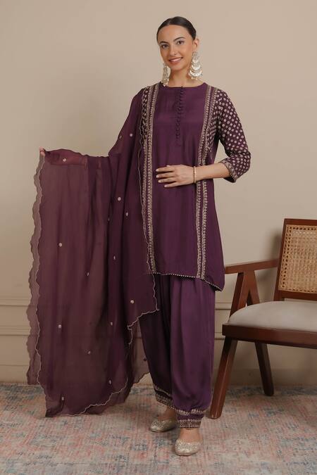 Nemaani_Purple Silk, Organza, Modal, Satin Dori Embroidered Short Kurta Salwar Set _Online_at_Aza_Fashions
