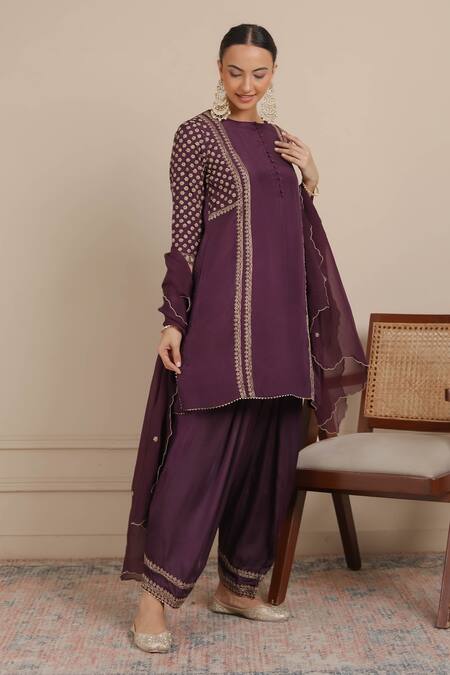 Buy_Nemaani_Purple Silk, Organza, Modal, Satin Dori Embroidered Short Kurta Salwar Set _Online_at_Aza_Fashions