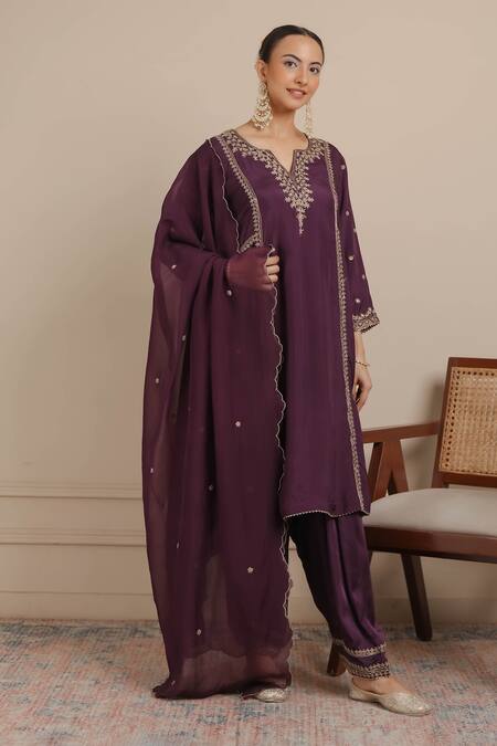 Nemaani_Purple Silk, Modal, Satin, Organza Cut Floral Butta A-line Kurta Salwar Set _Online_at_Aza_Fashions
