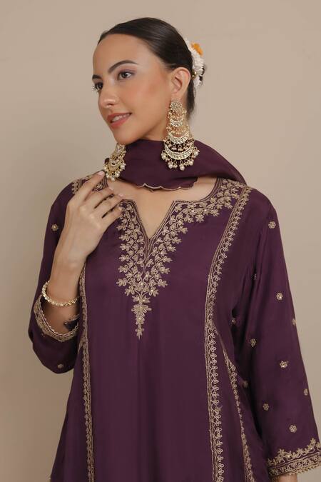 Buy_Nemaani_Purple Silk, Modal, Satin, Organza Cut Floral Butta A-line Kurta Salwar Set _Online_at_Aza_Fashions