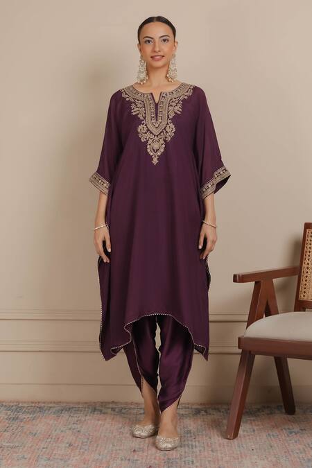 Buy Nemaani Purple Silk, Modal, Cotton Cut Ethnic Motif Embroidered Kaftan With Dhoti Pant Online at Aza Fashions Buy_Nemaani_Purple Silk, Modal, Cotton Cut Ethnic Motif Embroidered Kaftan With Dhoti Pant _Online_at_Aza_Fashions