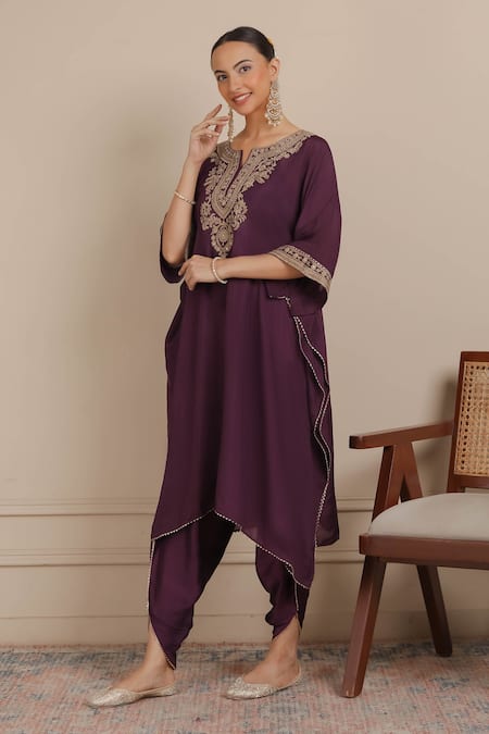 Shop Nemaani Purple Silk, Modal, Cotton Cut Ethnic Motif Embroidered Kaftan With Dhoti Pant Online at Aza Fashions Shop_Nemaani_Purple Silk, Modal, Cotton Cut Ethnic Motif Embroidered Kaftan With Dhoti Pant _Online_at_Aza_Fashions